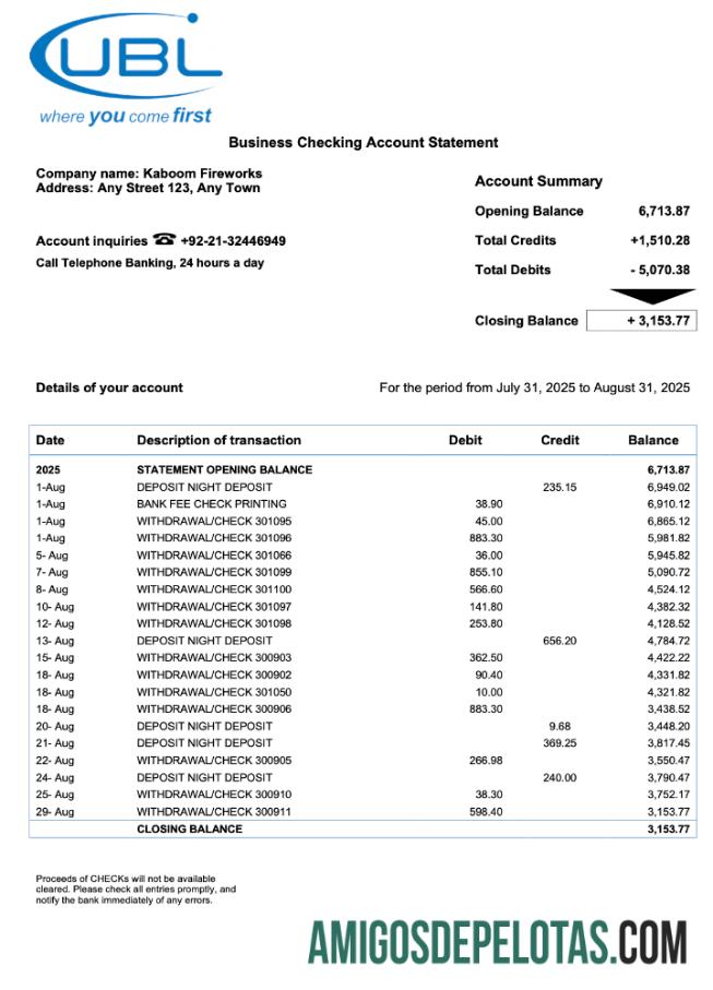 Baixável Reino Unido United Bank Ltd (UBL) Empresa Extrato de conta corrente Modelo Word e PDF